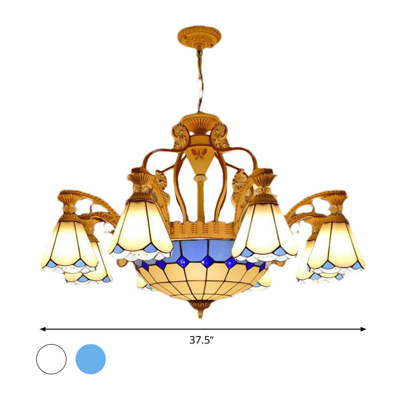 Lustre suspendu en vitrail de style baroque avec 8/11 lumières en blanc/bleu, disponible en largeur de 31,5"/37,5"