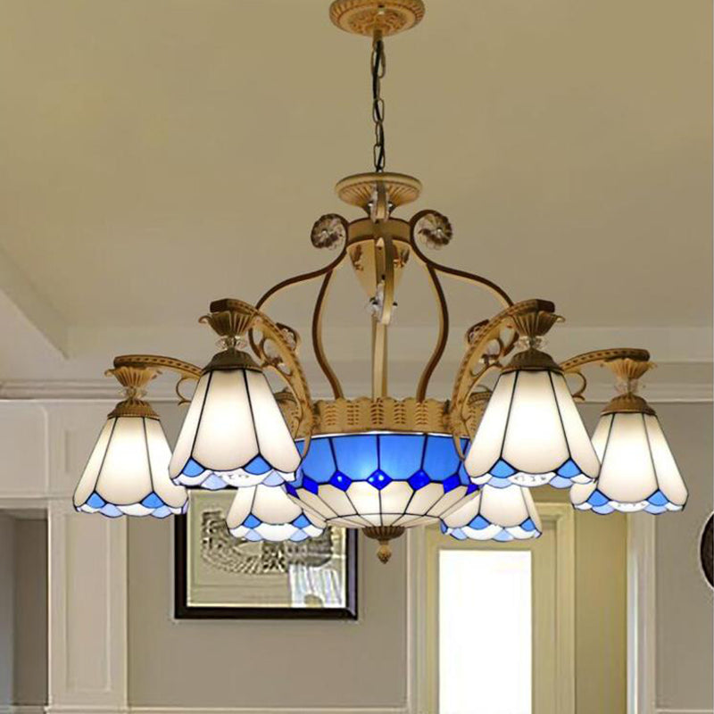 Lustre suspendu en vitrail de style baroque avec 8/11 lumières en blanc/bleu, disponible en largeur de 31,5"/37,5"