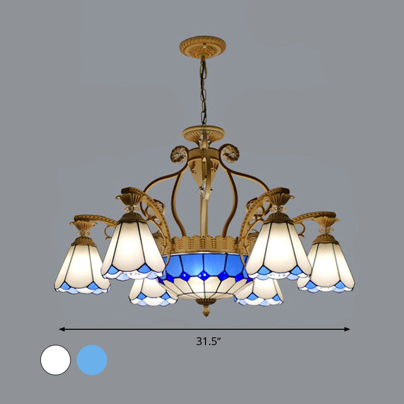 Lustre suspendu en vitrail de style baroque avec 8/11 lumières en blanc/bleu, disponible en largeur de 31,5"/37,5"