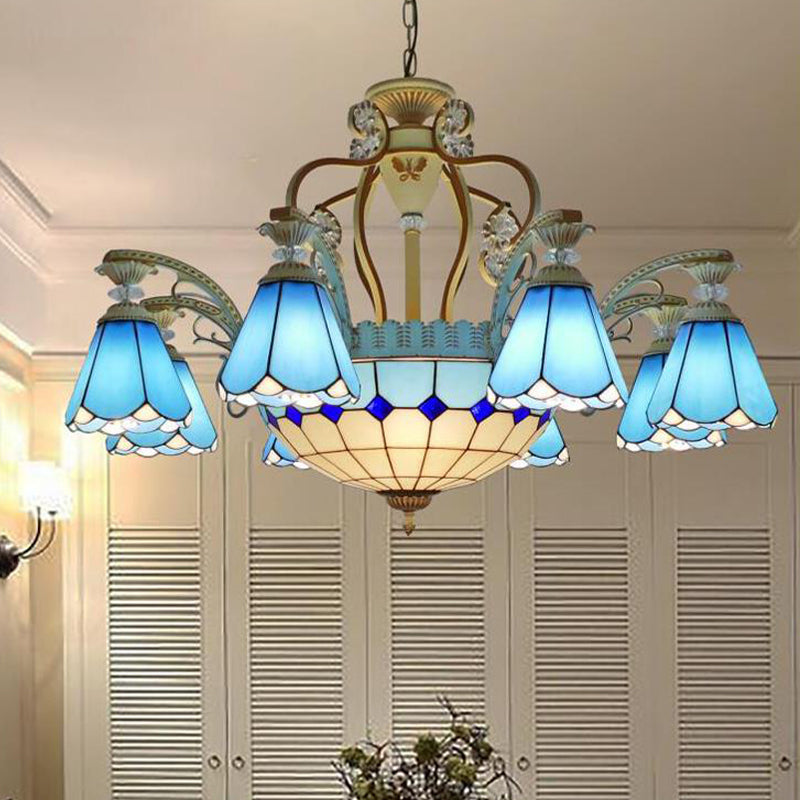 Lustre suspendu en vitrail de style baroque avec 8/11 lumières en blanc/bleu, disponible en largeur de 31,5"/37,5"