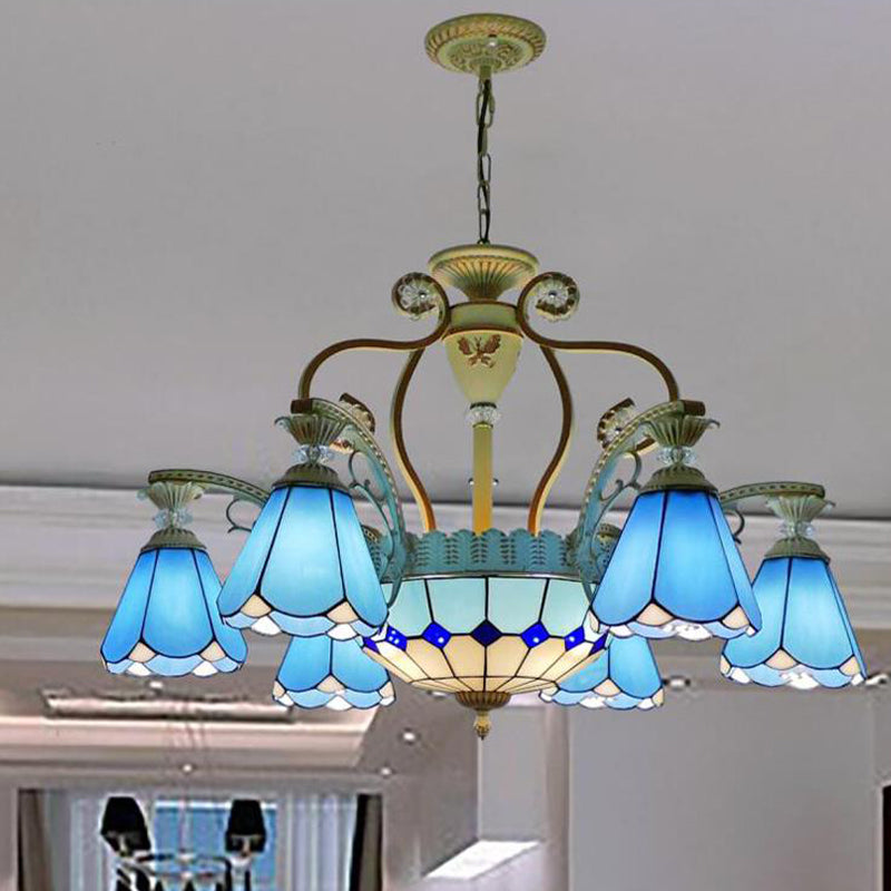 Lustre suspendu en vitrail de style baroque avec 8/11 lumières en blanc/bleu, disponible en largeur de 31,5"/37,5"