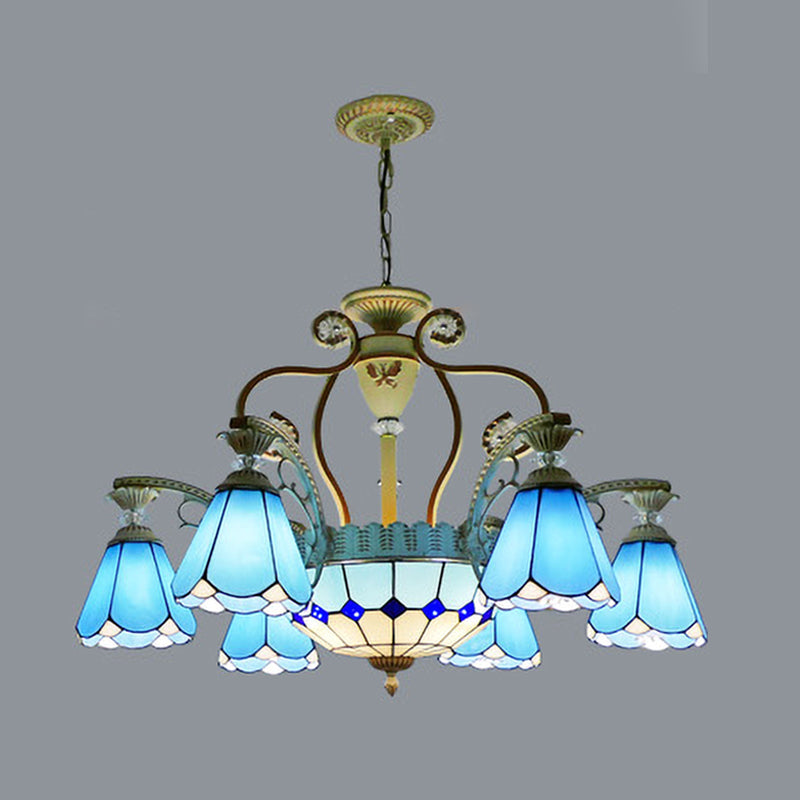 Lustre suspendu en vitrail de style baroque avec 8/11 lumières en blanc/bleu, disponible en largeur de 31,5"/37,5"