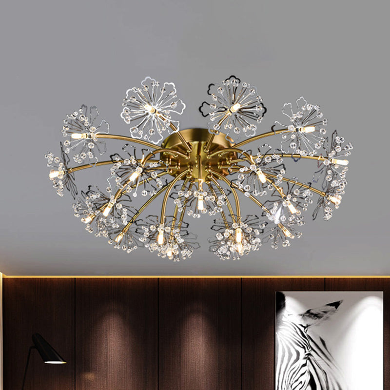 Postmodern Crystal Beaded 21-Light Gold Dandelion Semi Flush Mount for Dining Room Ceiling