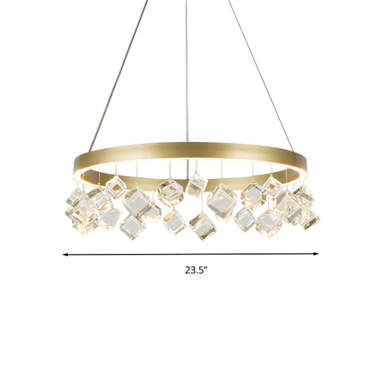 Postmodern Metal Gold Pendant Light With Led Warm/White & Crystal Drop