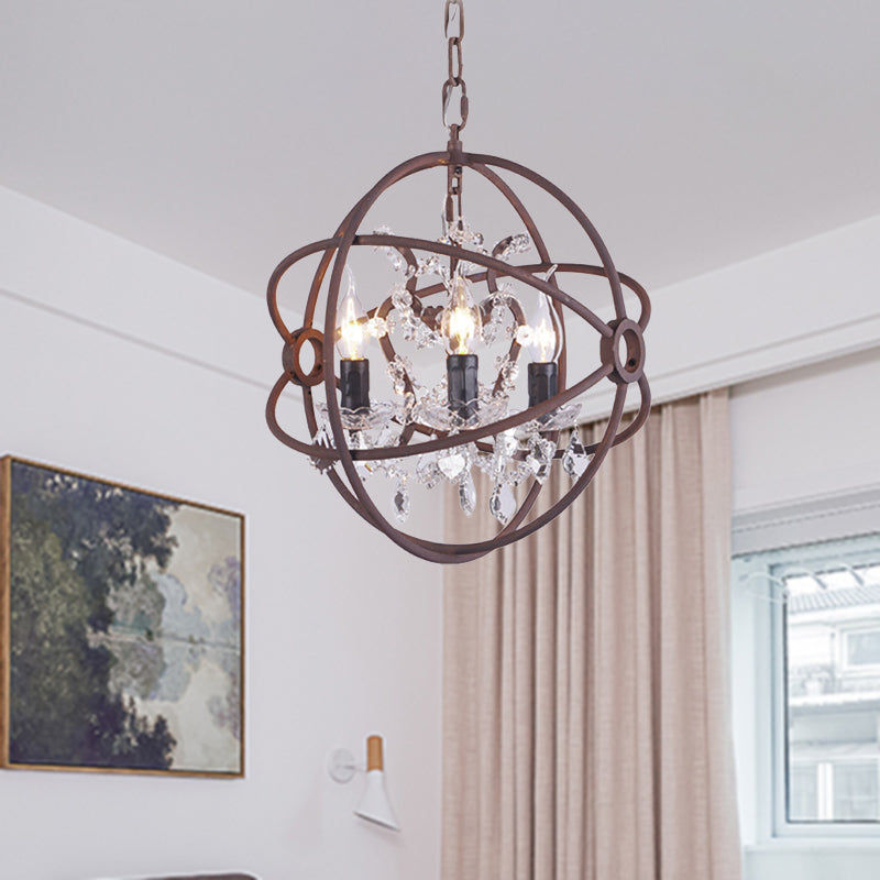 Rustic Vintage Chandelier Pendant Light Crystal Drop Orbit Design - 3 Heads Ceiling Fixture