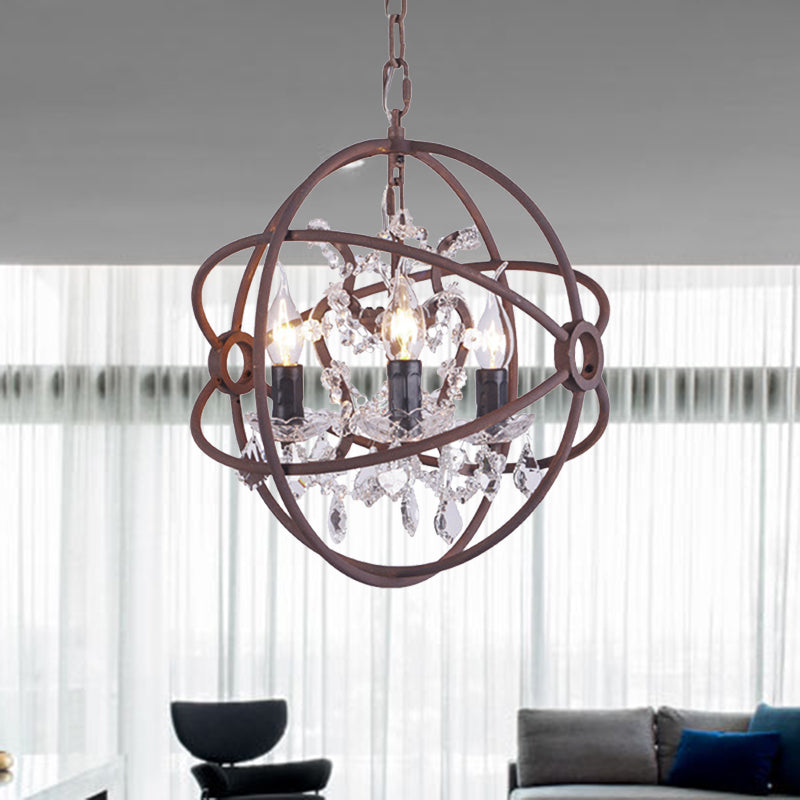 Rustic Vintage Chandelier Pendant Light Crystal Drop Orbit Design - 3 Heads Ceiling Fixture