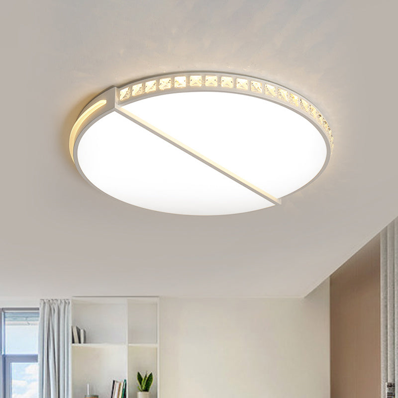 Plafonnier LED métallique simple à encastrer de 16,5"/20,5" en blanc chaud/3 couleurs avec accent en cristal - Design disque blanc