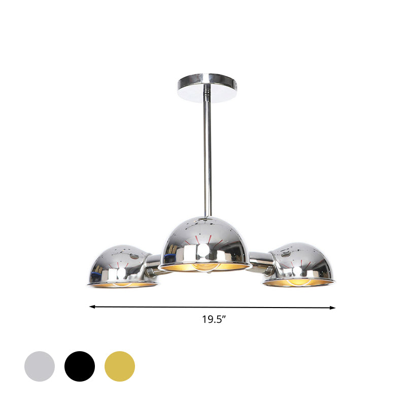 Plafonnier industriel semi-encastré en métal à 3 lampes en forme de dôme élégant en noir/laiton/chrome pour salon