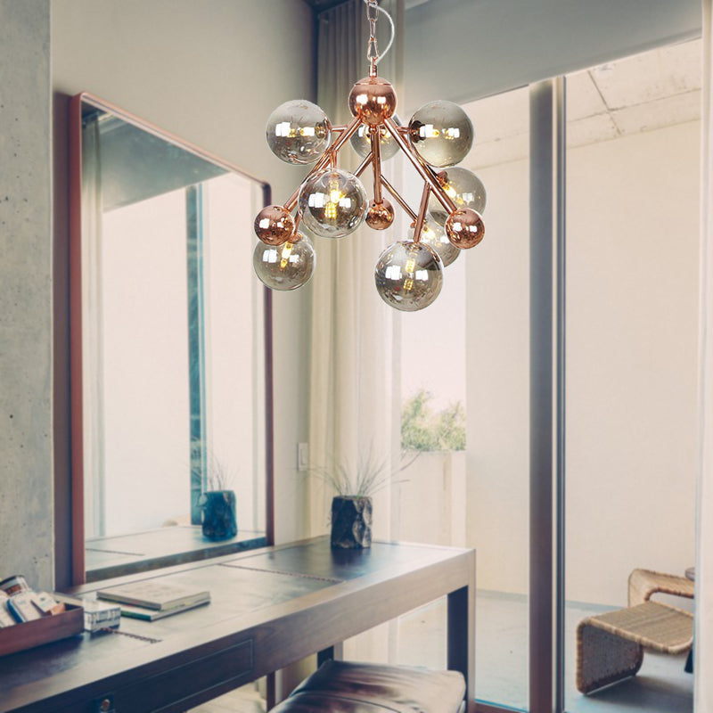 Vintage Glass Pendant Chandelier - 9 Globe Lights in Clear, Amber & Smoke Gray for Indoor Lighting