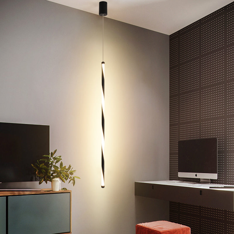 Suspension moderne en tube métallique - Lumière LED changeante noire pour chambre à coucher en blanc chaud