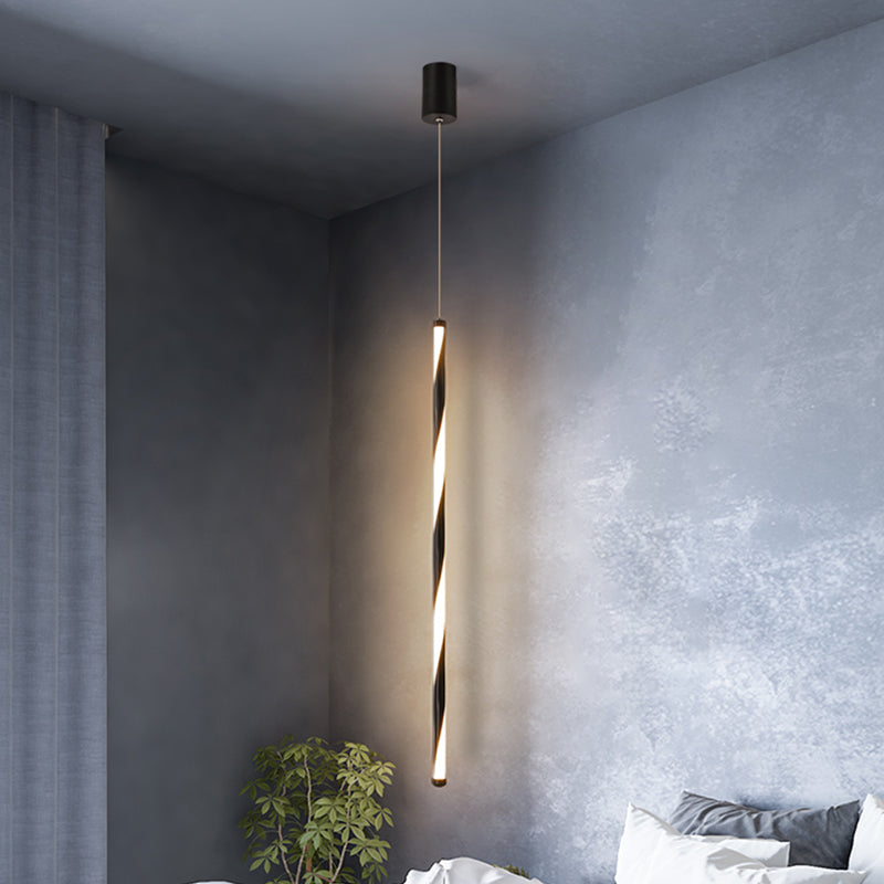 Suspension moderne en tube métallique - Lumière LED changeante noire pour chambre à coucher en blanc chaud