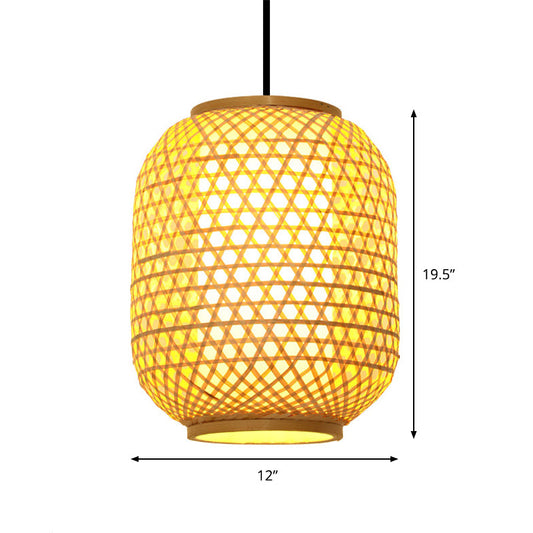 16/19.5 Asian Lantern Pendant Light In Beige - Bamboo Ceiling Fixture With 1 Perfect For Dining Room