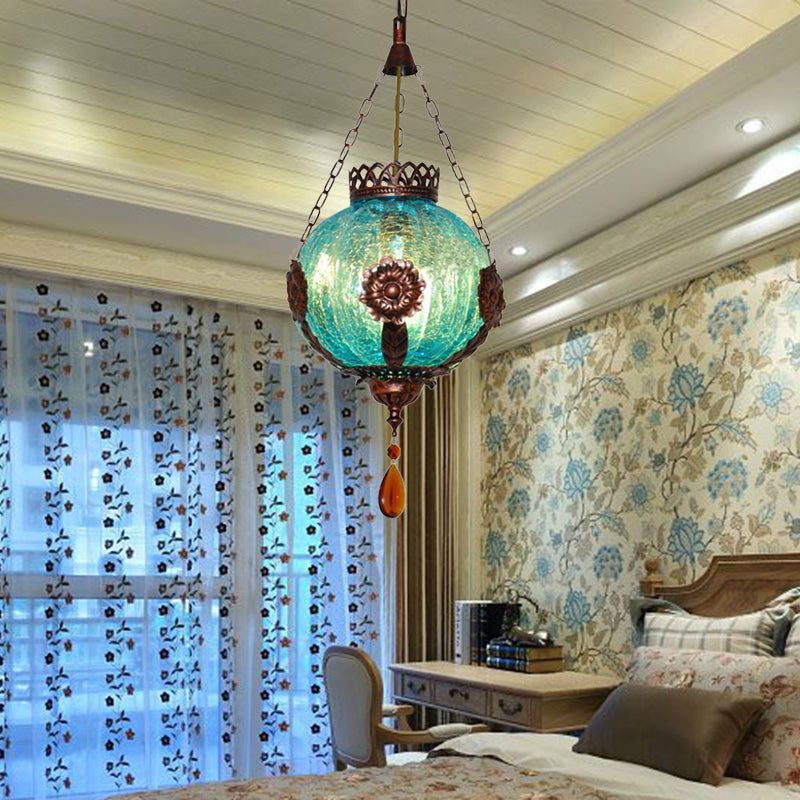 Vintage Blue Crackle Glass Sphere Pendant Light - 1-Light Suspension