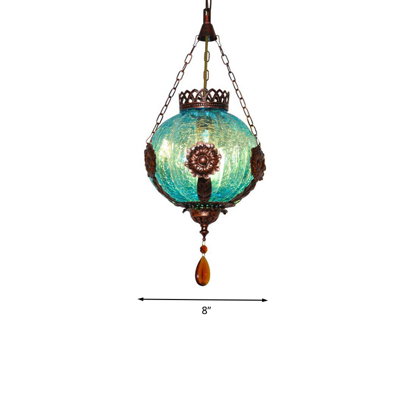 Vintage Blue Crackle Glass Sphere Pendant Light - 1-Light Suspension