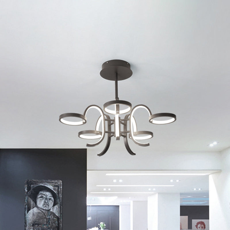 Lustre moderne en métal noir - Suspension à bras incurvés 5/6 en lumière chaude/blanche