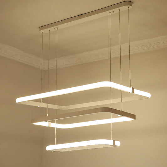 Minimalist White Led Pendant Light Kit - Rectangle Metal Chandelier Warm/White