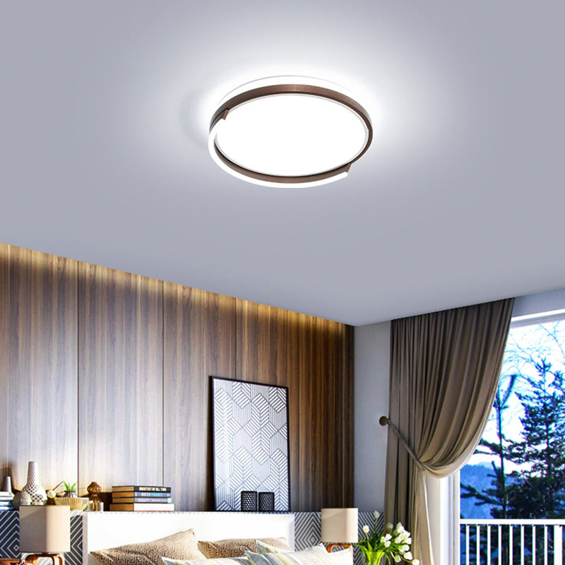 Contemporary Circular Metal Flush Mount Lamp - Coffee, 16"/19.5" Wide, LED Ceiling Lighting - White/3 Color Light