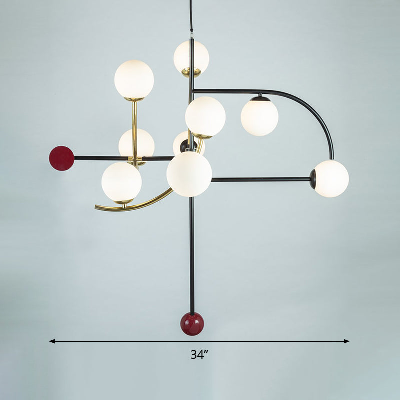 Lustre moderne en verre dépoli avec suspension à 9 ampoules - Suspension sphérique élégante pour le salon (bras noir et doré)