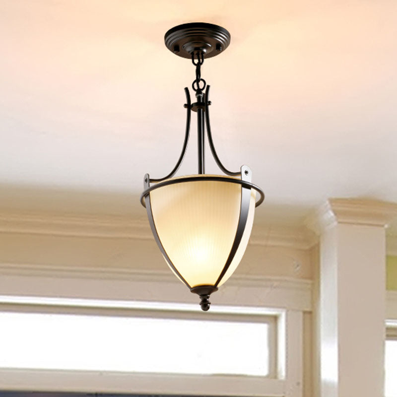 Rustic Milk Glass Bowl Pendant Light With Prismatic Design | Black Foyer Hanging Ceiling Lamp