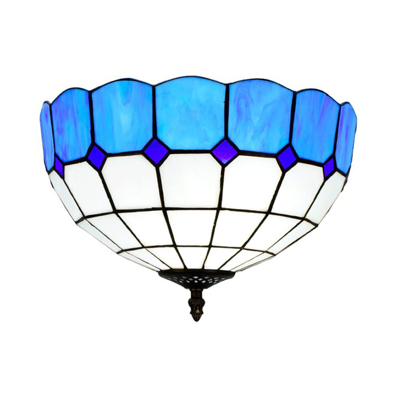 Traditional Blue/Yellow Stained Glass Shade Flush Mount Lamp - 2 Heads Ceiling Fixture for Bedroom