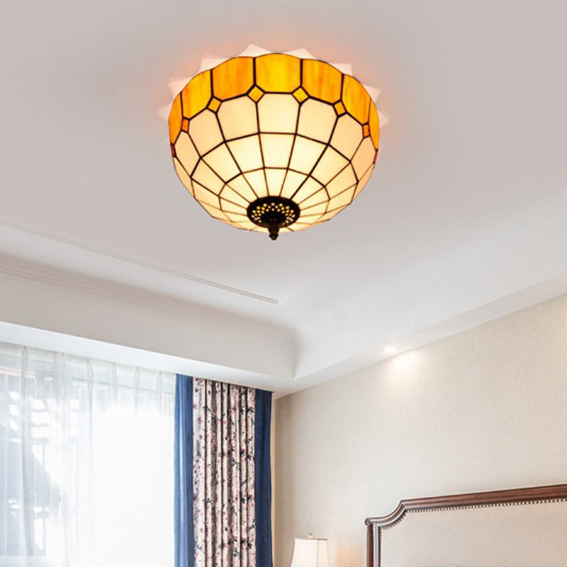 Traditional Blue/Yellow Stained Glass Shade Flush Mount Lamp - 2 Heads Ceiling Fixture for Bedroom