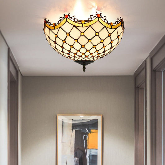 Scalloped White Glass Tiffany Ceiling Light Fixture - Ideal for Corridor