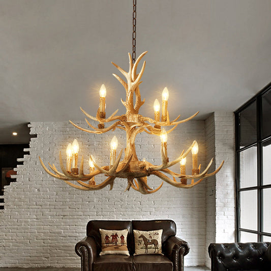 Farmhouse Chandelier: 12-Head 2-Tier Resin Hanging Lamp Brown Living Room Lighting