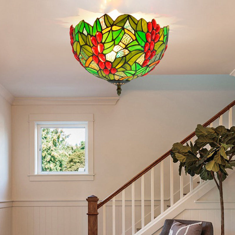 Tiffany-Style Leafy Ceiling Flush Mount Light Fixture - 2/5 Heads Bronze - 12"/16.5" Width