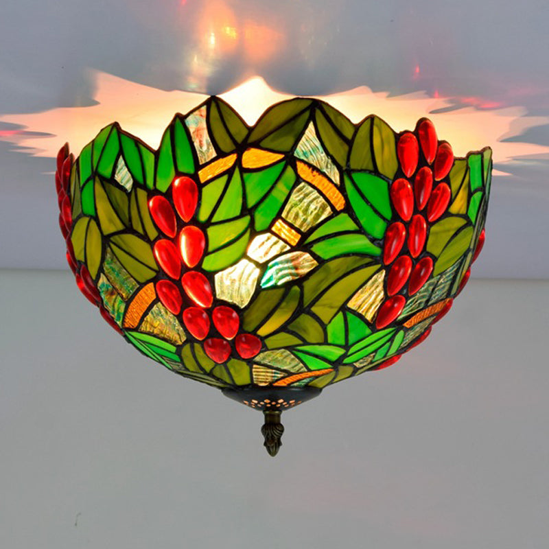 Tiffany-Style Leafy Ceiling Flush Mount Light Fixture - 2/5 Heads Bronze - 12"/16.5" Width