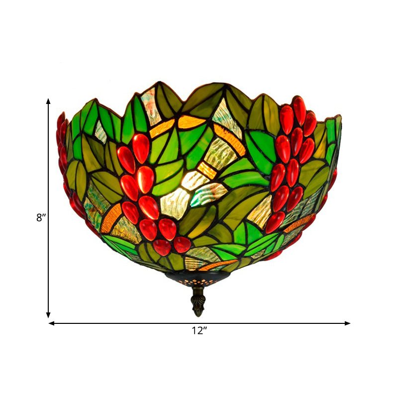 Tiffany-Style Leafy Ceiling Flush Mount Light Fixture - 2/5 Heads Bronze 12/16.5 Width