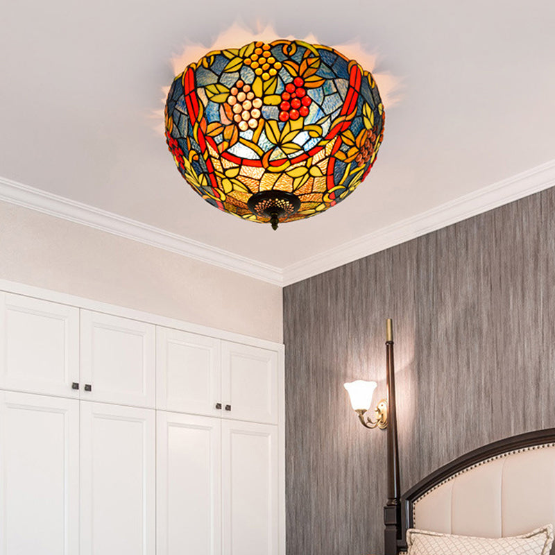 Tiffany-Style Leafy Ceiling Flush Mount Light Fixture - 2/5 Heads Bronze - 12"/16.5" Width