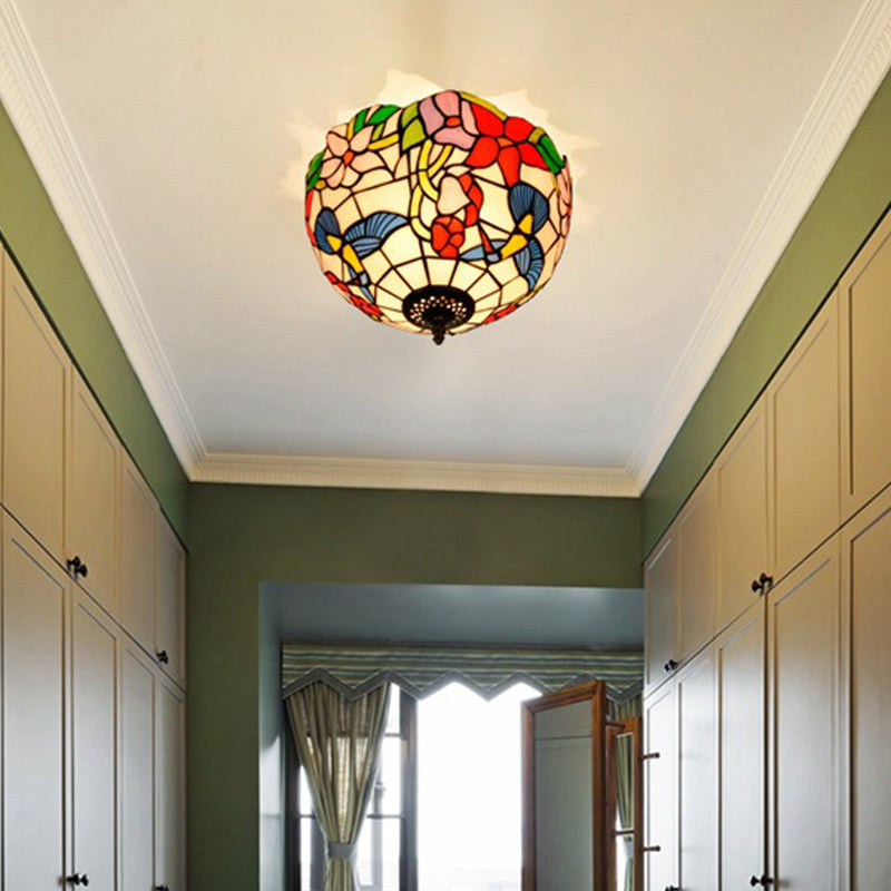 Tiffany 2-Light Stained Glass Floral Ceiling Fixture – Brass Flush Mount for Bedroom