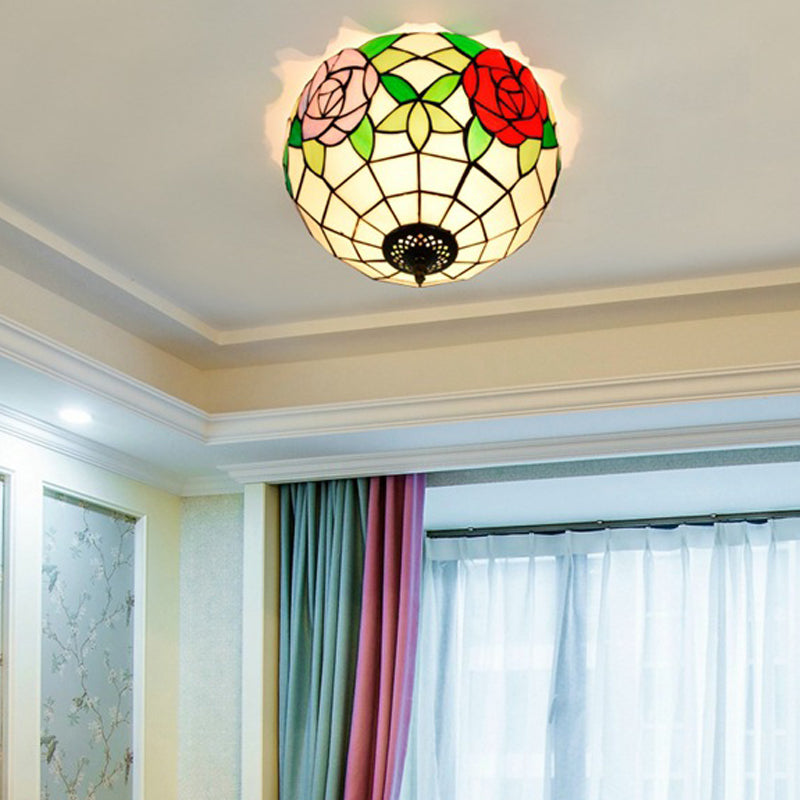 Tiffany 2-Light Stained Glass Floral Ceiling Fixture – Brass Flush Mount for Bedroom