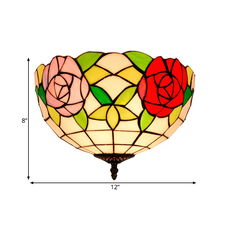 Tiffany 2-Light Stained Glass Floral Ceiling Fixture – Brass Flush Mount for Bedroom