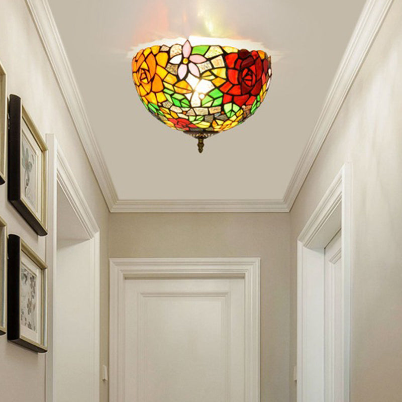 Tiffany 2-Light Stained Glass Floral Ceiling Fixture – Brass Flush Mount for Bedroom