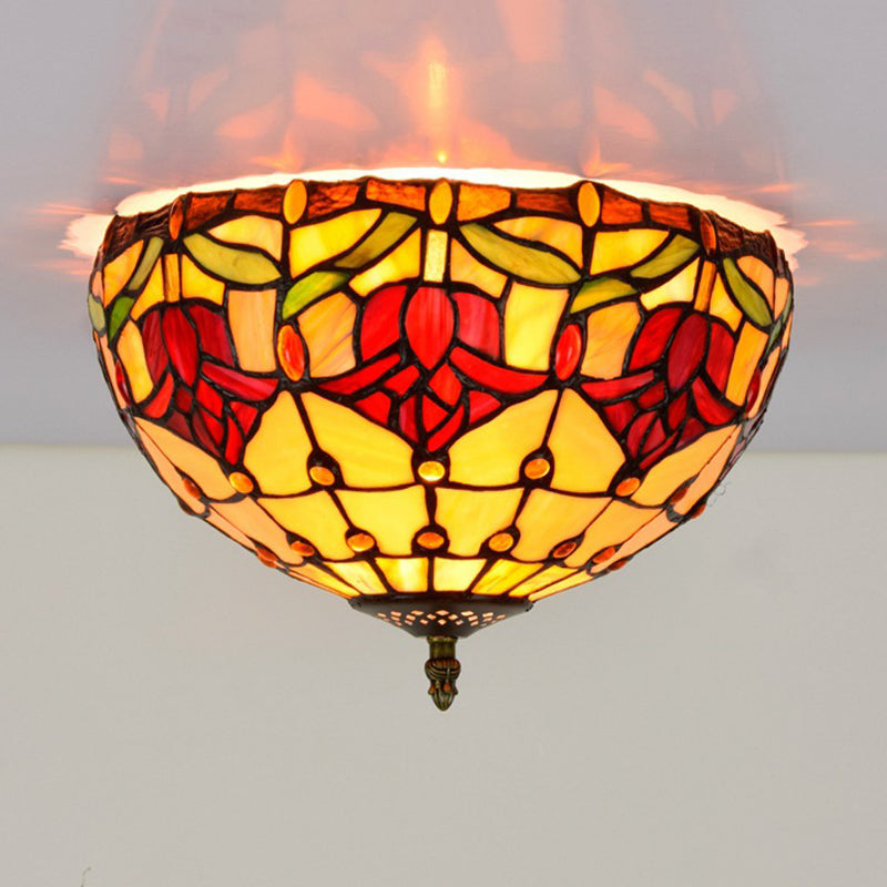 Tiffany 2-Light Stained Glass Floral Ceiling Fixture – Brass Flush Mount for Bedroom