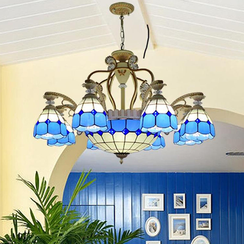 Lustre suspendu en verre taillé de style Tiffany avec 8/11 lumières en forme de dôme en orange/bleu/bleu foncé, 31,5"/37,5" de large