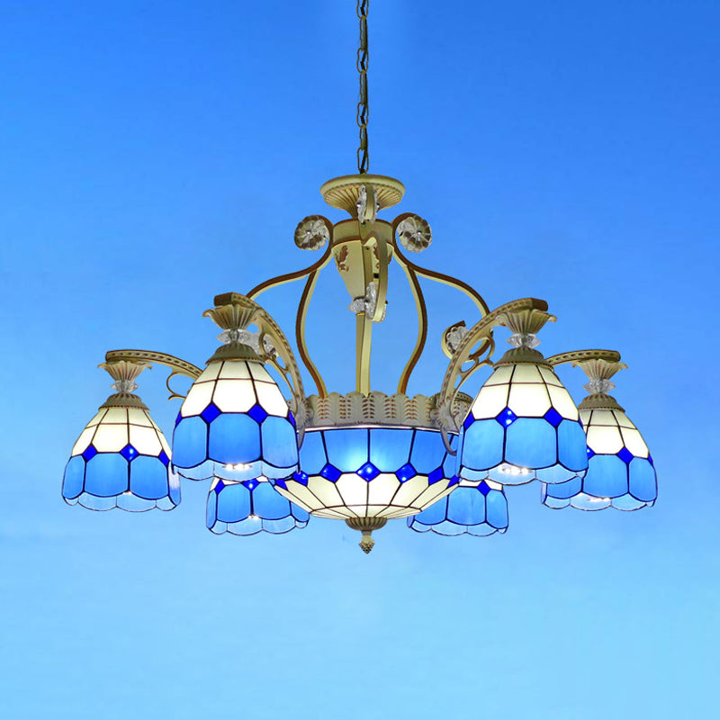 Lustre suspendu en verre taillé de style Tiffany avec 8/11 lumières en forme de dôme en orange/bleu/bleu foncé, 31,5"/37,5" de large