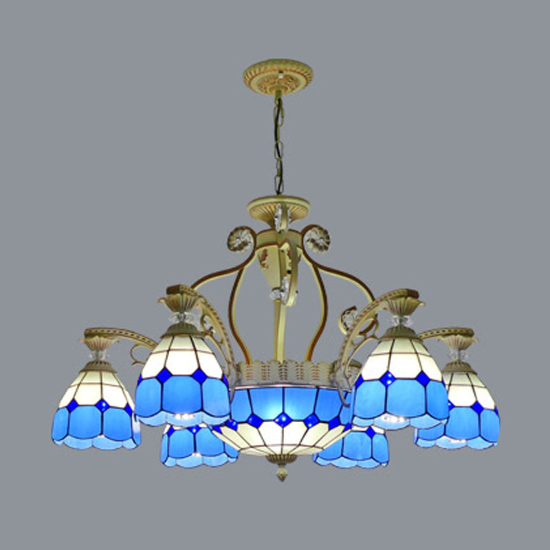 Lustre suspendu en verre taillé de style Tiffany avec 8/11 lumières en forme de dôme en orange/bleu/bleu foncé, 31,5"/37,5" de large
