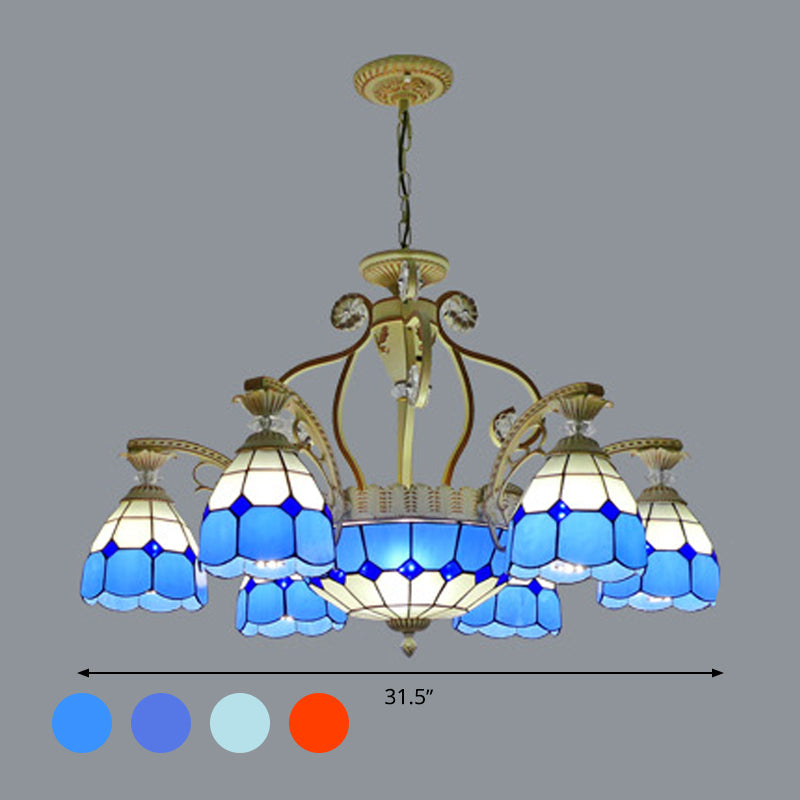 Lustre suspendu en verre taillé de style Tiffany avec 8/11 lumières en forme de dôme en orange/bleu/bleu foncé, 31,5"/37,5" de large