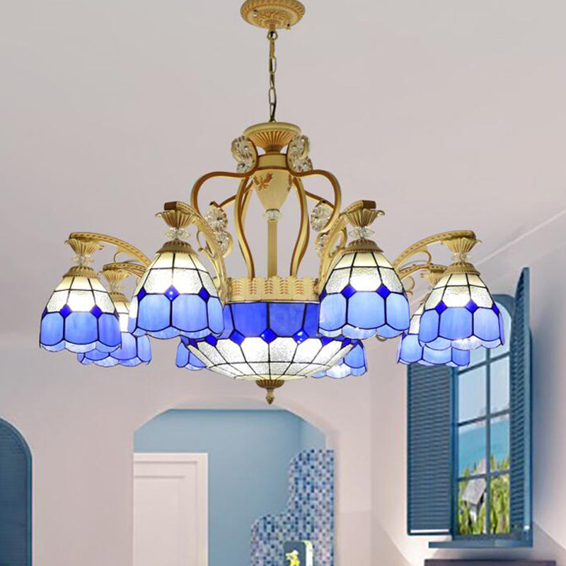 Lustre suspendu en verre taillé de style Tiffany avec 8/11 lumières en forme de dôme en orange/bleu/bleu foncé, 31,5"/37,5" de large