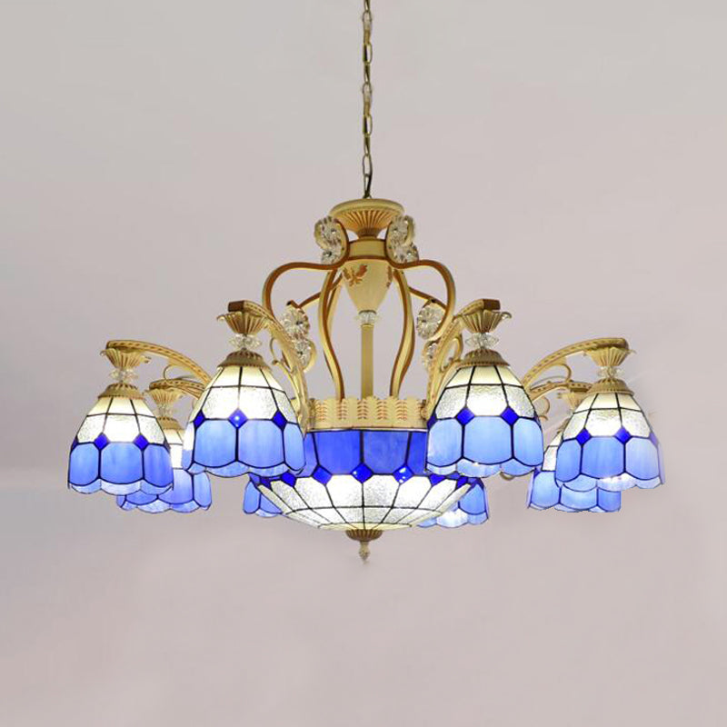 Lustre suspendu en verre taillé de style Tiffany avec 8/11 lumières en forme de dôme en orange/bleu/bleu foncé, 31,5"/37,5" de large