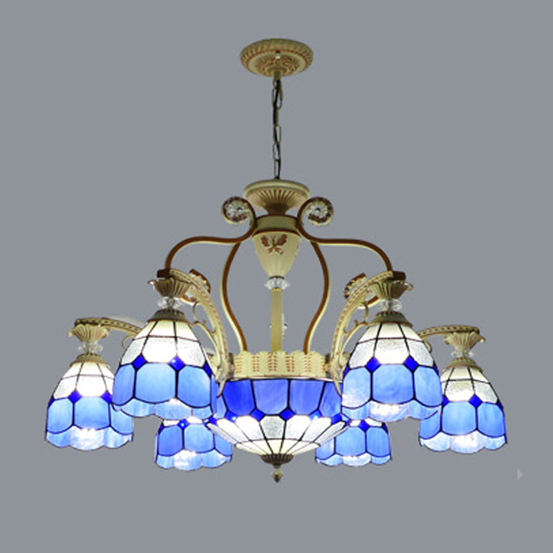 Lustre suspendu en verre taillé de style Tiffany avec 8/11 lumières en forme de dôme en orange/bleu/bleu foncé, 31,5"/37,5" de large