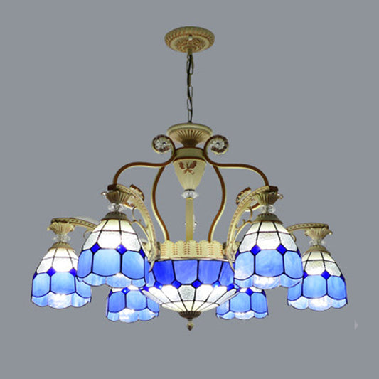 Lustre suspendu en verre taillé de style Tiffany avec 8/11 lumières en forme de dôme en orange/bleu/bleu foncé, 31,5"/37,5" de large