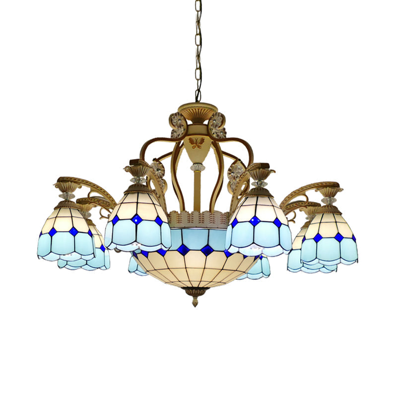 Lustre suspendu en verre taillé de style Tiffany avec 8/11 lumières en forme de dôme en orange/bleu/bleu foncé, 31,5"/37,5" de large