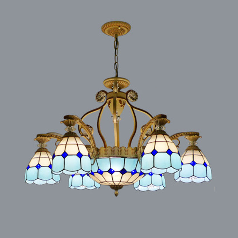 Lustre suspendu en verre taillé de style Tiffany avec 8/11 lumières en forme de dôme en orange/bleu/bleu foncé, 31,5"/37,5" de large