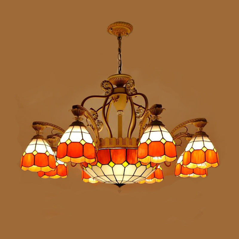 Lustre suspendu en verre taillé de style Tiffany avec 8/11 lumières en forme de dôme en orange/bleu/bleu foncé, 31,5"/37,5" de large