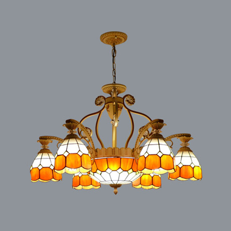 Lustre suspendu en verre taillé de style Tiffany avec 8/11 lumières en forme de dôme en orange/bleu/bleu foncé, 31,5"/37,5" de large