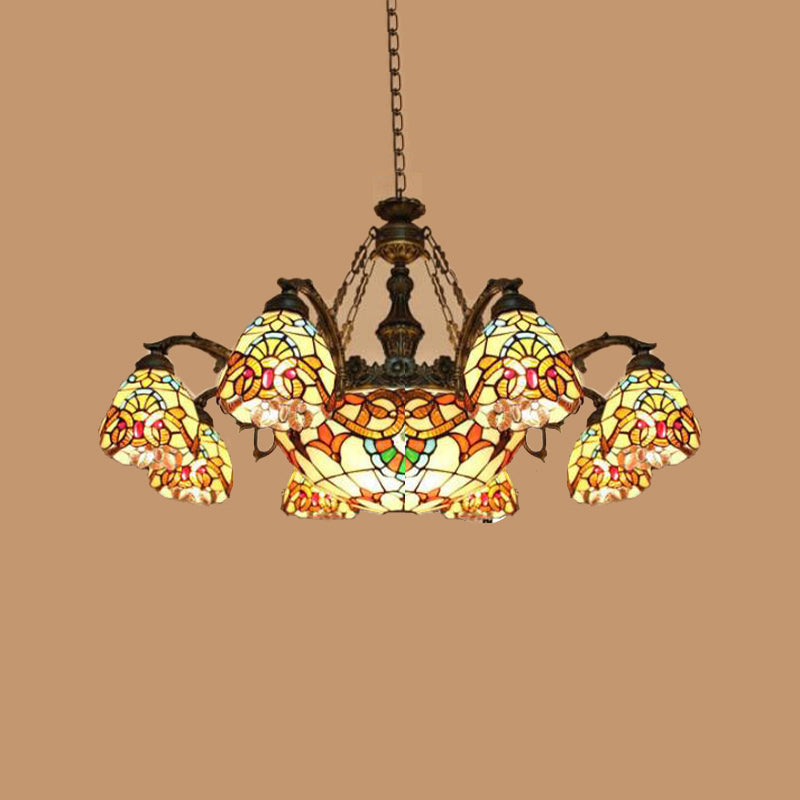 Mediterranean Brown Pendant Chandelier with Flower Stained Glass Shade - 8/11 Lights for Living Room Ceiling