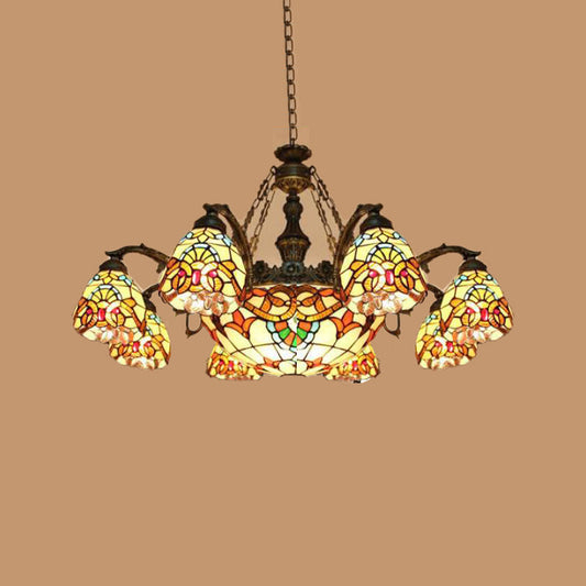 Lustre suspendu méditerranéen marron avec abat-jour en verre teinté de fleurs - 8/11 lumières pour plafond de salon
